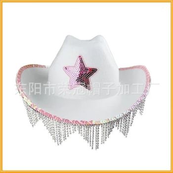 Pink Star Party Cowboy Hat with Rhinestone Fringe and Glamorous Touch - Dongyang Rongguan Hat Processing Factory - China