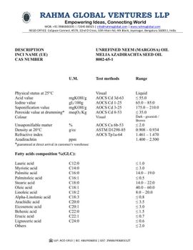 Neem oil – non-edible grade  Azadirachtin Content 1400-1800 Ppm Shelf Life 3 Years From Date Of - RAHMA GLOBAL VENTURES - India