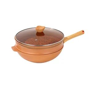 Roasting Pans Aluminum Alloy Flat Wok 32cm Color Clay Weight 2.9kg Lid Glass Lid Model NO. C-5 Origin Zhejiang Material - Zhe Jiang Lai Ke Electronic Technology Co., Ltd - China