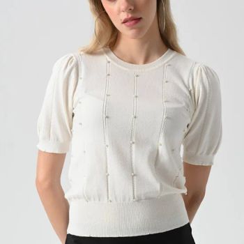 Casual Short Sleeve Crew Neck Beading Design Knitted Womens Sweaters Lady Elegant Oversized White Pearls Knitted Womens Sweaters - Dodoria Garments Limited - China