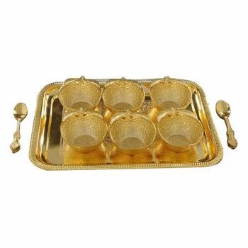 Gold Plated Ice Cream Bowl Set Color Golden Material Brass Finishing Gold Plated Bowl Shape Apple shape Set Contain 6 Bowl,6 Spoon,1 - R.S.D.Collection - India