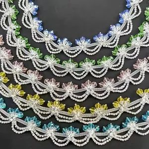 Colorful Flower Embroidery Crystal Chain Rhinestones Trimming Flatback Sew-on Accessories for Wedding Gown Bags Garments - Guangzhou JingPin Garment Accessory Co., Ltd. - China