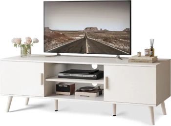 TV Stand with Cabinet Doors, Cable Holes, Adjustable Feet and Solid Wood Legs - Weifang Fine Life Household Products Co., Ltd - China