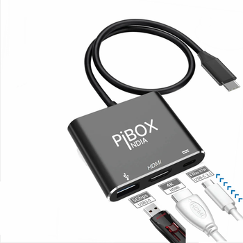 Pibox 3-in-1 USB-C adapter: HDMI HDCP, USB-C charging, for MacBook, Galaxy S9/10, Note 8/9 Black - Discount Bazaar India - India