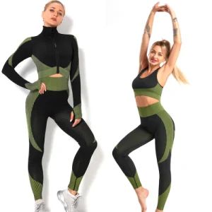Hot Sexy 3 Pieces Matching Yoga Sets Womens Workout Outfit Tracksuit, Seamless Yoga Leggings + Stretch Sports Bra + Zipper Jacket Top Gym Clothes Jogger Suits - DONGGUAN TIANCHEN GARMENT TECHNOLOGY CO., LTD. - China