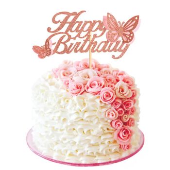 Rose Gold Glitter Happy Birthday Baby Shower Cake Topper Wedding Butterfly Cake Cupcake Decoration Party Supplies - Tianjin Huayu Technology & Trade Co., Ltd - China