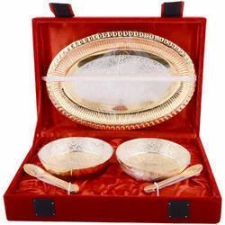 PI EXPORTS Gold Plated Gift Bowl Sets Brand PI EXPORTS Color Gold Plated Dimension 4" Bowlset, 4" length spoon, tray of length - P I Manufacturer & Exporter - India
