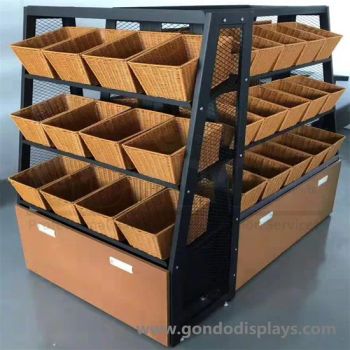 Metal Pop Supermarket Display Candy Racks Bulk Shelving with Plastic Bulk Bins and Rattan Baskets - Gondo Displays (Xiamen) Industry & Trade Co., Ltd. - China