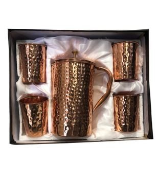 Divine copper Brown Copper Gift Set Hammered Jug with 4 Glass, for Gifting - Divine Copper - India