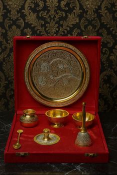 Luxury Gold-Plated Decorative Pooja/Serving Set With Velvet Box, For Gift - Samar Innovative - India
