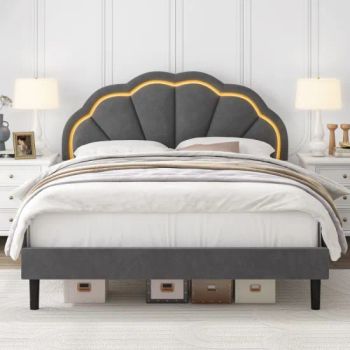 Upholstered Smart LED Bed Frame with Adjustable Elegant Flowers Headboard, Platform Bed Frame Queen Size with Wooden Slats Support Dark Gray - FOSHAN YEXUAN FURNITURE MANUFACTURE CO.LTD - China