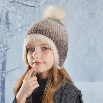 Children's Winter Colorful Knit Hat with Ear Protection POM POM Pullover Hat for Girls Outdoor Fleece Lined Warm Beanie Hat - Market Union Co. Ltd. - China