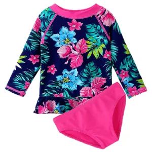 Girls Long Sleeve Swimsuittwo Pieces Swimwear Navy Floral Kids Rash Guard - Xiamen Richtex Garments Co., Ltd - China