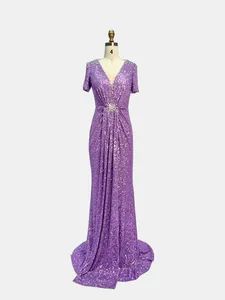 Glamorous V Neck Short Sleeve Sequin Beaded Ruched Mermaid Train Sexy Full Dresses - Chaozhou City Snow Pear Fashion Co., Ltd. - China