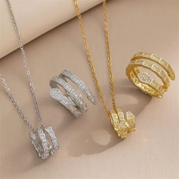 Waterproof 18K Gold/Silver Plated Diamond Snake Pendant Necklace Earring Stainless Steel Fine Fashion Jewelry Sets Women - Fujian Junqing Trade Co., Ltd. - China