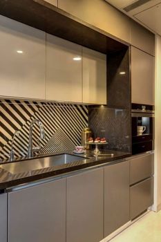 Acryclic High Gloss Modular Kitchen Shutter Thickness 2MM Material Plywood Color GREY-WHITE Position Interior Style Full - Alpha Design - India