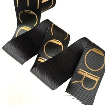 Free Sample 2 Inch Raised Logo Polyester Ribbons 3D Gold Foil Printed Custom Gift Grosgrain Ribbon - XIAMEN POPTRIMS TEXTILE CO.,LTD. - China