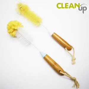 Wholesale Long Bamboo Handle Bamboo Hand Bottle Brush with Sponge and PP Bristles for Baby Bottle Cleaning Kitchen Dish Brush - CLEANUP Industrial & Trading Co., Ltd. - China
