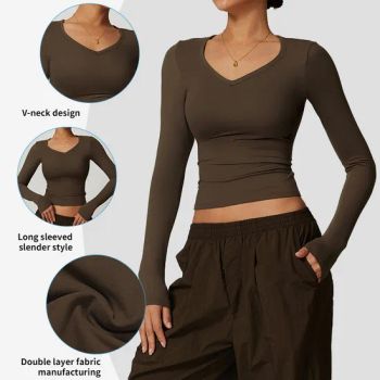 Women Long Sleeve V-Neck T-Shirt Fitness Breathable Most Stretchy Top Winter Sports - Hangzhou Toptop Clothing Co., Ltd. - China