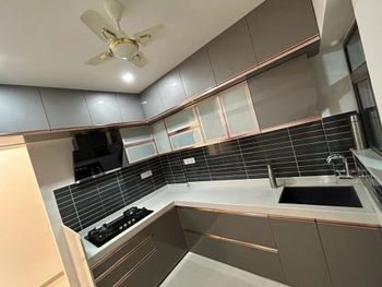 Modern Kitchen Furniture Material HDHMR Design L Shape Finish Polished Appearance Modern Type Arcylic Kitchen Door Material - Credible Fitments - India