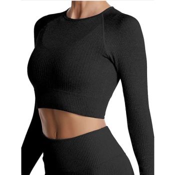 Ladies Ribbing Long Sleeve Yoga Top Solid Color Multicolour Indoor Sports Tight Yoga Tops Fitness Wear #Ywjy1933 - GUANGZHOU HUMLISUN IMP & EXP CO.,LTD. - China