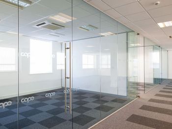 Transparent Frameless Glass Partitions, For Office Color Transparent Size/Dimension Any Design Plain / frosted Usage/Application - Essar Windoors - India