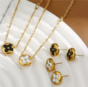 Wholesale Fine Jewelry 18K Gold Plated Stainless Steel Round Inlaid Shell Four Leaf Clover Pendant Clavicle Chain Earring Women Jewelry Set - Fujian Junqing Trade Co., Ltd. - China