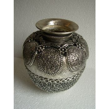 Copper Pot Carved Surface Finish Carved Material Copper With Silver - Surya Handicrafts, India - India