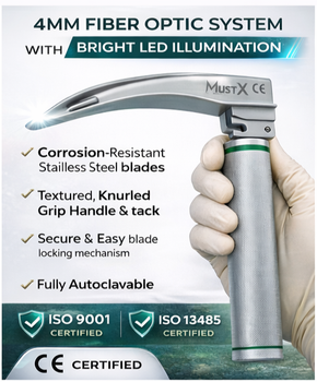MUSTX Macintosh Fiber Optic Laryngoscope, Blades 1–4, Top Quality, Premium Grads - MUSTX SURGICAL - Pakistan