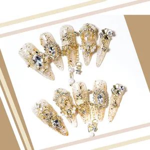 Luxury Golden Glitter False Nails with Crystal Pearls Chains Elegant Press on Nail Art - Pingxiang Yoken Import & Export Trading Co., Ltd. - China