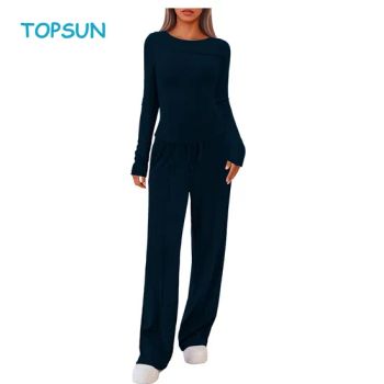Lounge Sets for Women 2 Piece Sets Fall Outfits Long Sleeve Tops with Wide Legs Pants Casual Matching Set - XIAMEN TOPSUN APPAREL CO., LTD. - China