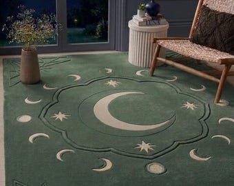 Modern Green Celestial Hand Tufted Rug, Moon & Stars Area Rug, Sage Green Wool Rug, Contemporary Living Room Decor, Handmade Gift Rug – product photo, Green Moon Beans products found from trusted suppliers, wholesalers, manufacturers & exporters Listing