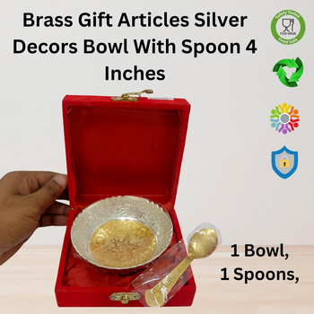 Brass With Silver Bowl And Spoon 4 inch, For Home Size Small Shape Round Style Classic Features Brass Pattern Floral Material - Gtraders - India
