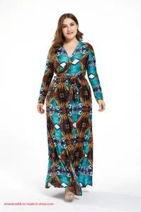Women's African Long Dress Sexy V Neck Floral Print Long Sleeve/Sleeveless Casual Maxi Dresses with Belt Muslim Abaya Dress Plus Size Ladies Fashion Dress - Hangzhou Weimei Garments Co., Ltd. - China