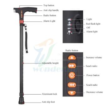 Radio Light and Alarm Adjustable Height Walking Stick Blind Cane - Shijiazhuang Wonderfu Rehabilitation Device Technology Co., Ltd. - China