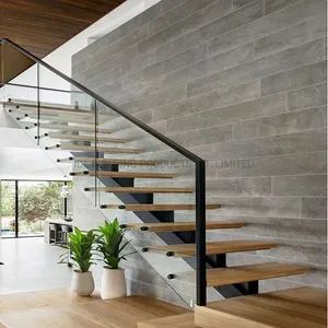 Modern Indoor Space Saving Glass Railing Stairs Stainless Steel Wooden Straight Staircase - IDL BUILDING PRODUCTS CO., LIMITED - China