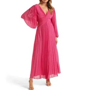 Women's Party Dress Deep V-Neck Puff Sleeve Fully Pleated Maxi Evening Dresses - Dongguan Xiuyu Fashion Garment Co., Ltd. - China