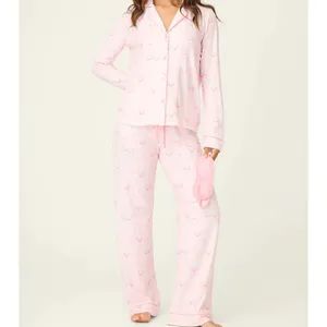 Custom Logo Print Embroidery Sleepwear Pajama Set Womens Super Soft Peach Rib Sleepwear - Xiangshan Yarn Garments Co., Ltd - China
