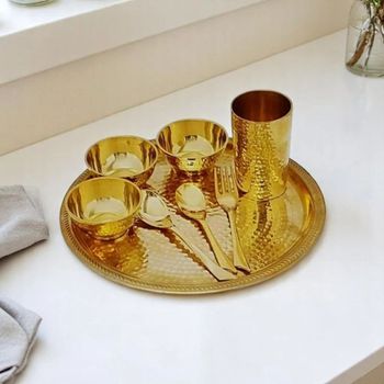 Brass Thali Set, For Home Size 10 Shape Round Material Brass Design Handcrafted Usage/Application Home Intended Use Authentic Indian - S R Trading Corporation - India