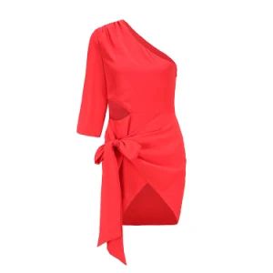 Hot Red Women Sloping Shoulder Party Dress One Shoulder Cocktail Mini Dress - Jzf Trading Co., Ltd. - China