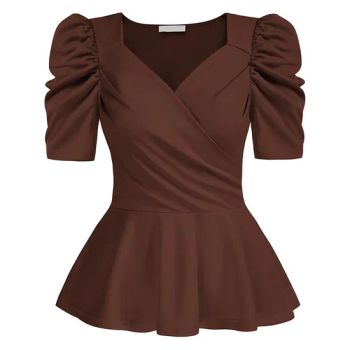 Womens Tops Elegant Peplum Top Wrap V Neck Puff Short Sleeve Summer Tops Blouse - Shaoxing Keqiao Golden Bay Apparel Co., Ltd. - China