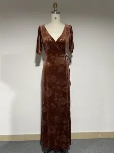 Floral Embossed Velvet Maxi Dress Long Long Color Spice Origin China Style Casual Season Winter Trademark OEM Front Fly - XH Textiles Ltd. - China