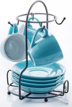 Blue White Ceramic Espresso Coffee Tea Cups & Saucers Set W/ Storing Rack - Xiamen Yoyo Ceramic Trading Co., Ltd. - China