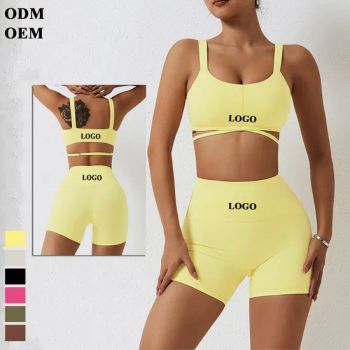 Eco-Friendly Recycled Fabrics Yoga Set Running Shockproof Sports Bra Stretch Shorts 2 Piece Gym Suit Quick Dry Tank Top Cycling Shorts Wear - Xiamen Meiju Garment Co., Ltd. - China