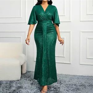 Plus Size Evening Dresses Mermaid Sexy Wrap V-Neck Ruched Plus Size Glitter Elegant Bridesmaid Party Maxi Dresses - Ningbo Z & H Foreign Trade Co., Ltd. - China