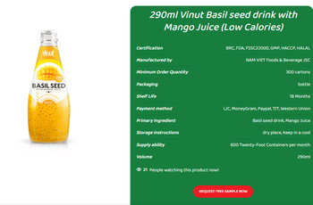 290ml Vinut Basil seed drink with Mango Juice (Low Calories) Shelf Life 18 MONTHS Brand Name OEM/PRIVATE LABEL * - NAM VIET FOODS AND BEVERAGE JOINT STOCK COMPANY - Vietnam