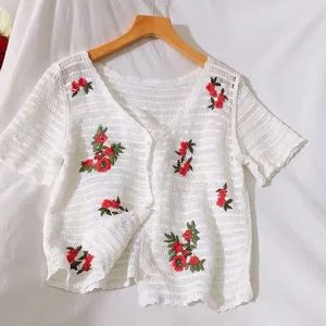 Summer Korean T-Shirt Floral Embroidery Knit Womens Hollow Crochet Blouses - Quanzhou Baishuntong Biotechnology Co., Ltd. - China