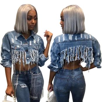 Wholesale Plus Size Denim Women Cotton Make Old Hole Tassels Jeans Jacket - Jinjiang Superstarer Import & Export Co., Ltd. - China