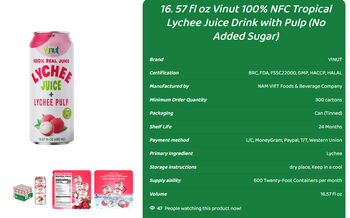 Vinut 100% NFC Tropical Juice Drink with Pulp Shelf Life 18 MONTHS Antioxidant Level High Serving Size 16.57 Fl Oz Purity 100% Real Lychee Juice - NAM VIET FOODS AND BEVERAGE JOINT STOCK COMPANY - Vietnam