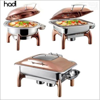 Other Hotel & Restaurant Supplies Rose Gold Copper Golden Glass Buffet Food Warmer Edelstahl Luxury Hydraulic Chef Dishes Chafing Dishes - GUANGZHOU HADI CATERING WARE CO., LTD - China